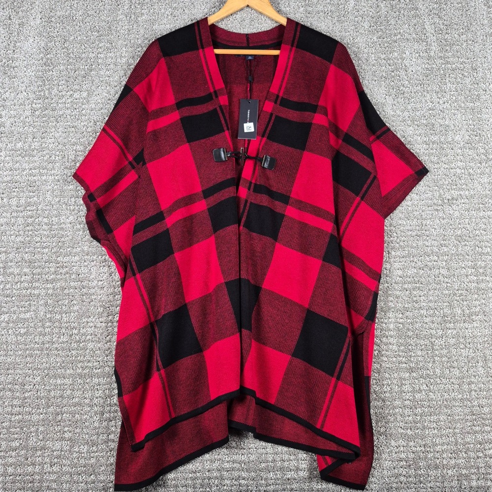Tommy Hilfiger Poncho Womens 0X Red Black Buffalo Plaid Toggle Wrap Cardigan